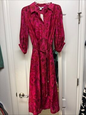 Tommy Bahama Fuchsia and Magenta Patterned Midi Shirt Dress